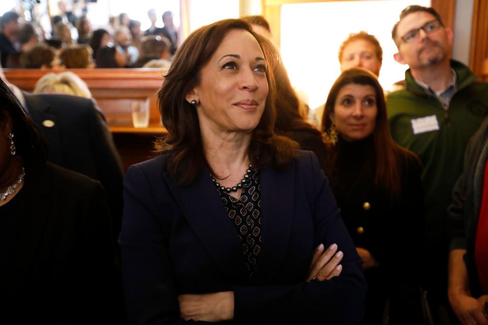 2020 Democratic presidential candidate Sen. Kamala Harris waits to speak at a house party, April 11, 2019, in Des Moines, Iowa.