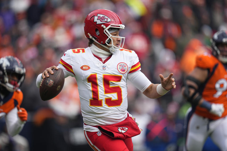 Kansas City Chiefs quarterback Patrick Mahomes throws during the first half of an NFL football game against the Denver Broncos Sunday, Oct. 29, 2023, in Denver. (AP Photo/Jack Dempsey)