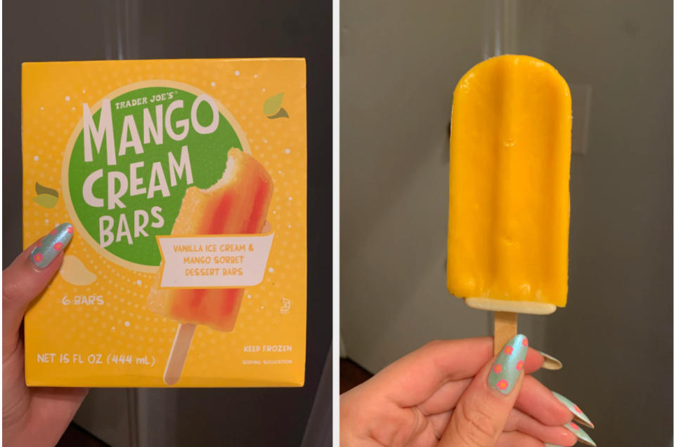 Image of a Mango Cream Bar next to its Trader Joe's box. Someone's holding the bar, showing a manicured hand