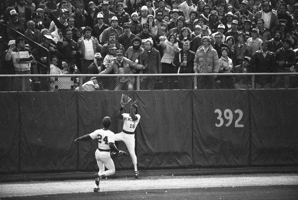 Marshall Edwards leaped at the wall to rob Don Baylor of an extra-base hit in the eighth inning of Game 5 of the 1982 American League Championship Series (with Ben Oglivie also in view). The Brewers beat the Angels 4-3 to win the American League Championship.