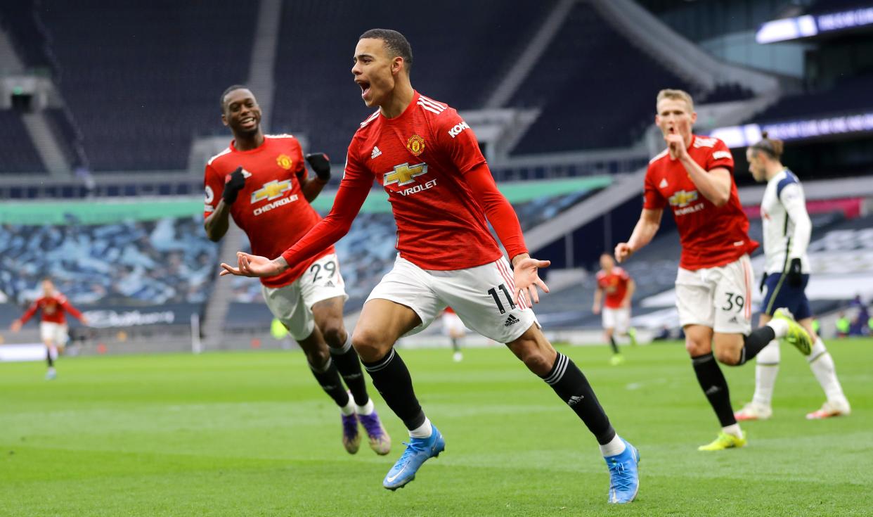 Mason Greenwood celebrates after scoring United’s third (Getty)