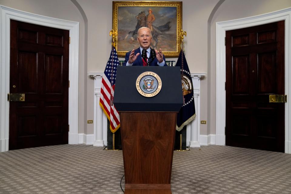 President Joe Biden, pictured speaking on 2 May, condemned violent protests on college campuses (AP)