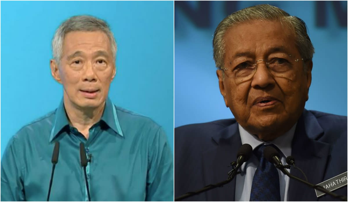 PM Lee Hsien Loong (left) delivering his 15th National Day Rally speech on 19 August, 2018, and Malaysian prime Minister Mahathir Mohamad. (PHOTOS: Screenshot/YouTube and Getty Images file photo)