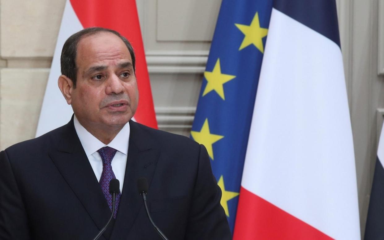 Egyptian President Abdel Fattah al-Sisi speaks during a joint news conference with French President Emmanuel Macron at the Elysee palace, France December 7, 2020. Egyptian President Abdel Fattah al-Sisi is paying a state visit to France for talks on fighting terrorism, the conflict in Libya and other regional issues. Michel Euler/Pool via REUTERS - Michel Euler/REUTERS