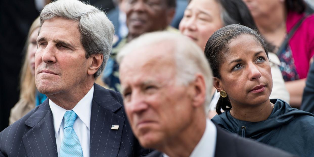 US Secretary of State John Kerry (L), US Vice President Joseph R. Biden (C) and National Security Adviser Susan Rice listen while US President Barack Obama speaks at the Lincoln Memorial on the National Mall August 28, 2013 in Washington, DC. Obama and others spoke to commemorate the 50th anniversary of the US civil rights era March on Washington where Martin Luther King Jr. delivered his "I Have a Dream Speech". AFP PHOTO/Brendan SMIALOWSKI (Photo credit should read BRENDAN SMIALOWSKI/AFP via Getty Images)