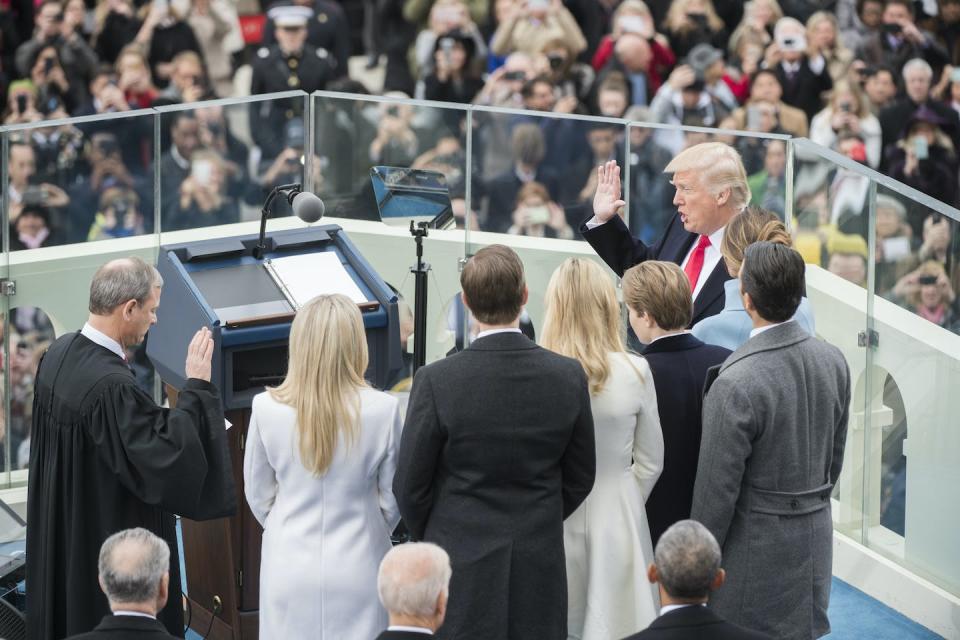 Donald Trump takes the presidential oath of office on Jan. 20, 2017. <a href="https://www.gettyimages.com/detail/news-photo/president-donald-j-trump-is-sworn-in-as-the-45th-president-news-photo/632200410" rel="nofollow noopener" target="_blank" data-ylk="slk:Tom Williams/CQ Roll Call;elm:context_link;itc:0;sec:content-canvas" class="link ">Tom Williams/CQ Roll Call</a>