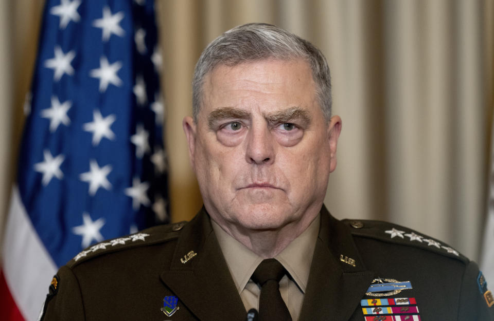 Chairman of the Joint Chiefs of Staff, Gen. Mark Milley, attends a press conference after the meeting of the 'Ukraine Defense Contact Group' at Ramstein Air Base in Ramstein, Germany, Tuesday, Sept.19, 2023. (AP Photo/Michael Probst)
