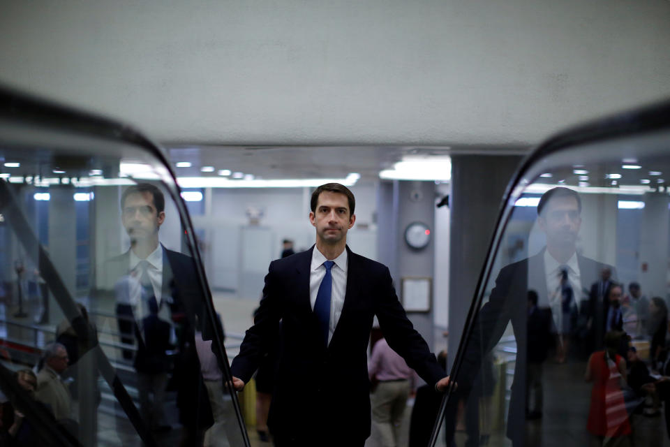 Senator Tom Cotton (R-AR) arrives at Capitol Hill in Washington U.S., July 6, 2016. REUTERS/Carlos Barria