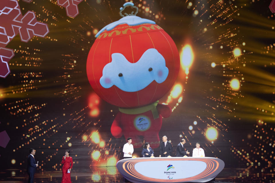 2022 Winter Paralympic Games mascot Shuey Rong Rong is revealed during a ceremony held at the Shougang Ice Hockey Arena in Beijing on Tuesday, Sept. 17, 2019. (AP Photo/Ng Han Guan)