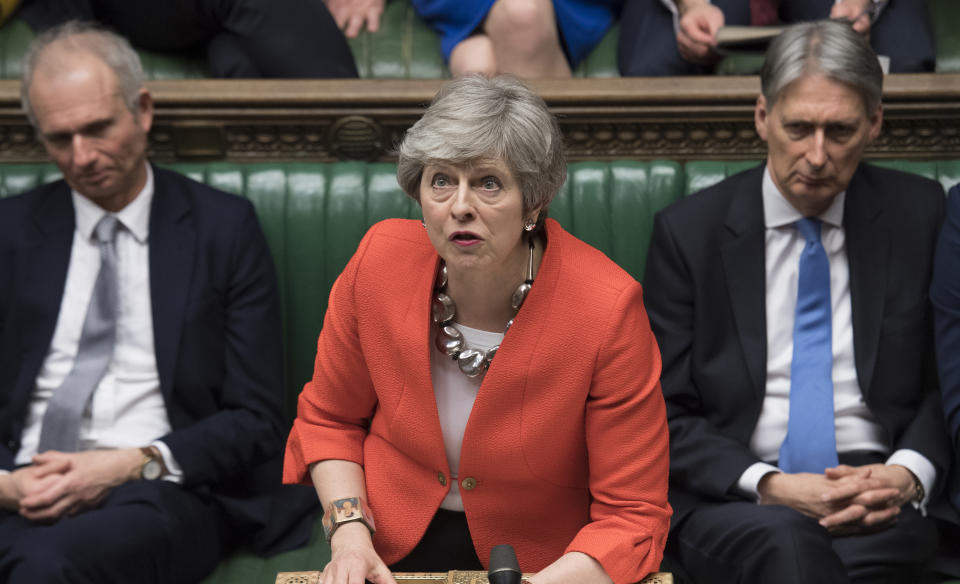 Britain's Prime Minister Theresa May speaks to lawmakers in parliament, London, Tuesday March 12, 2019. Prime Minister Theresa May's mission to secure Britain's orderly exit from the European Union appeared headed for defeat Tuesday, as lawmakers ignored her entreaties to support her divorce deal and end the political chaos and economic uncertainty that Brexit has unleashed. (Jessica Taylor/UK Parliament via AP)