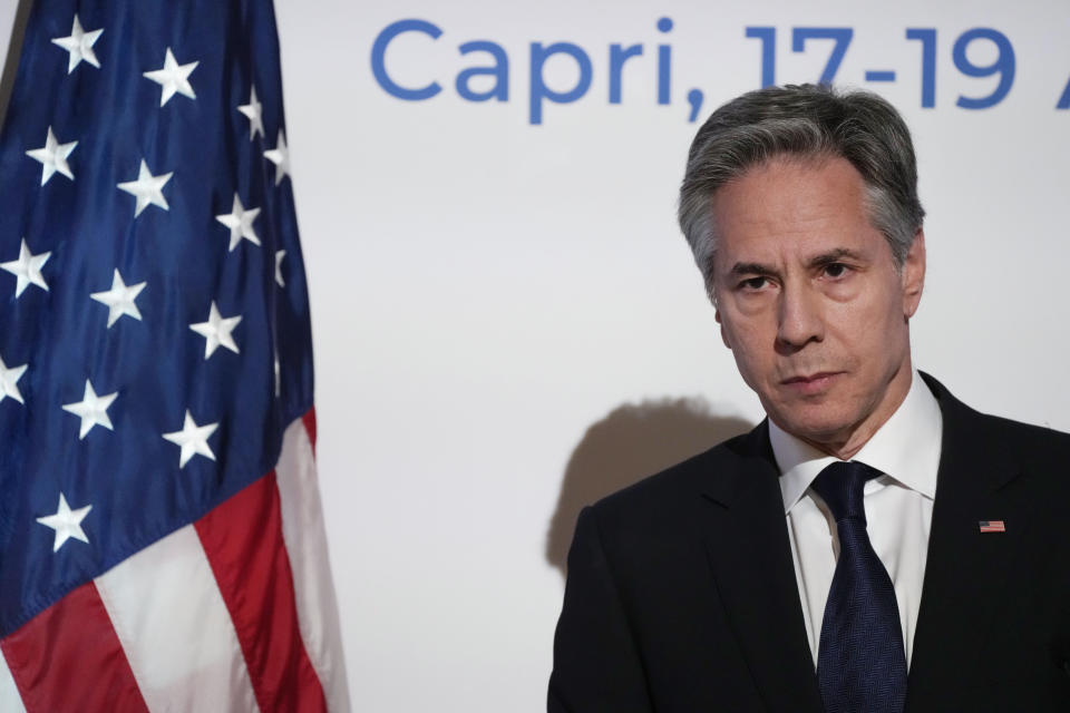 U.S. Secretary of State Antony Blinken meets the journalists during a press conference at the G7 Foreign Ministers meeting on Capri Island, Italy, Friday, April 19, 2024. (AP Photo/Gregorio Borgia)