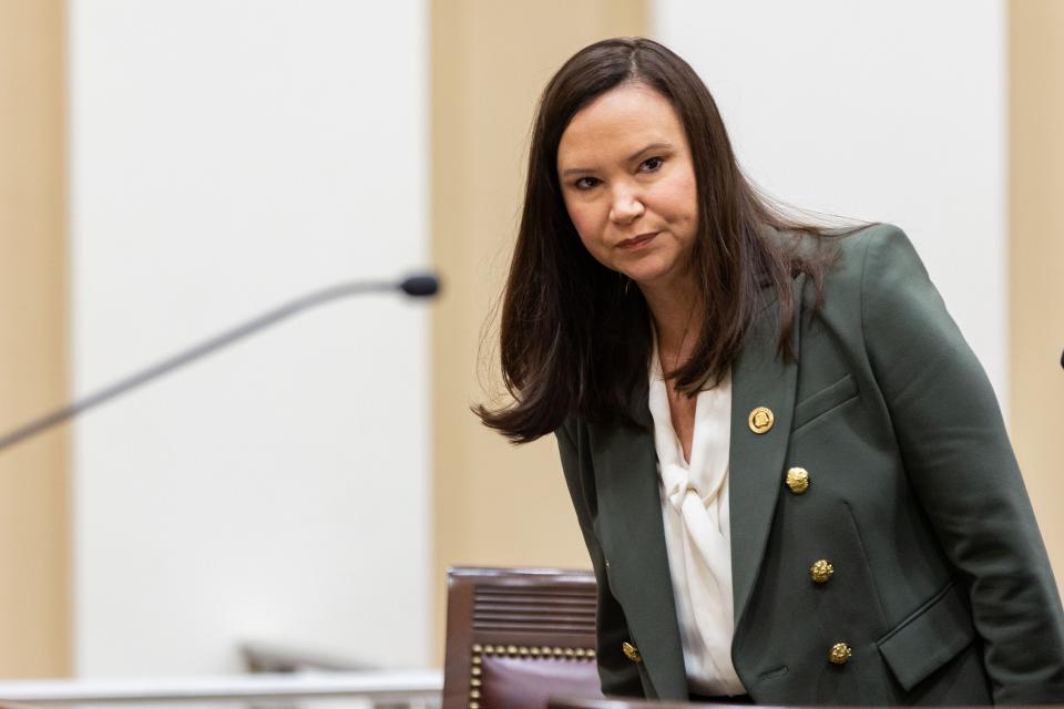 Attorney General Ashley Moody arrives to the Supreme Court for arguments on the 15-week abortion ban in Florida on Friday, Sept. 8, 2023.