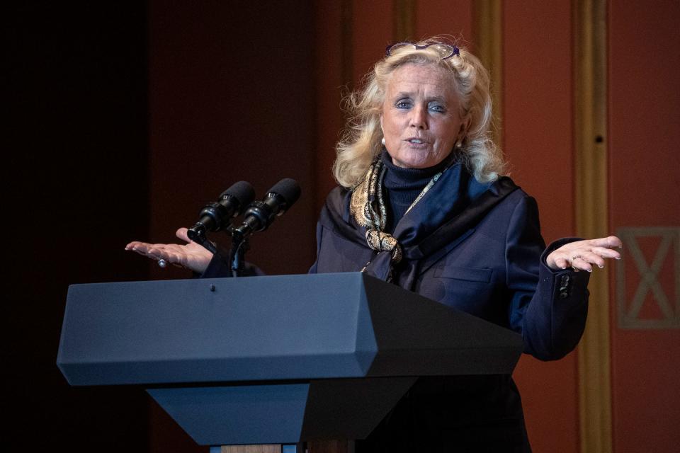 U.S Rep. Debbie Dingell speaks before Vice President Kamala Harris speaks at a panel to discuss the Biden-Harris administration's response to climate crisis at U-M's Rackham Auditorium in Ann Arbor on Thursday, Jan. 12, 2023.