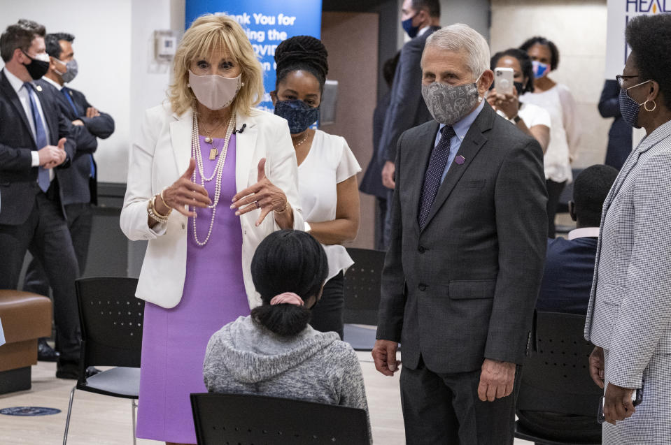 First lady Jill Biden, center left, and Dr. Anthony Fauci, director of the National Institute of Allergy and Infectious Diseases, visit a vaccine clinic at the Abyssinian Baptist Church in the Harlem neighborhood of New York Sunday, June 6, 2021. (AP Photo/Craig Ruttle)