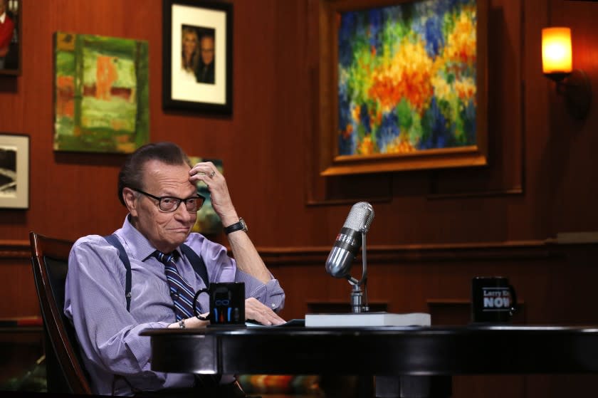 Larry King in between segments while taping an interview with Moby for Larry King Now which airs on Ora TV.