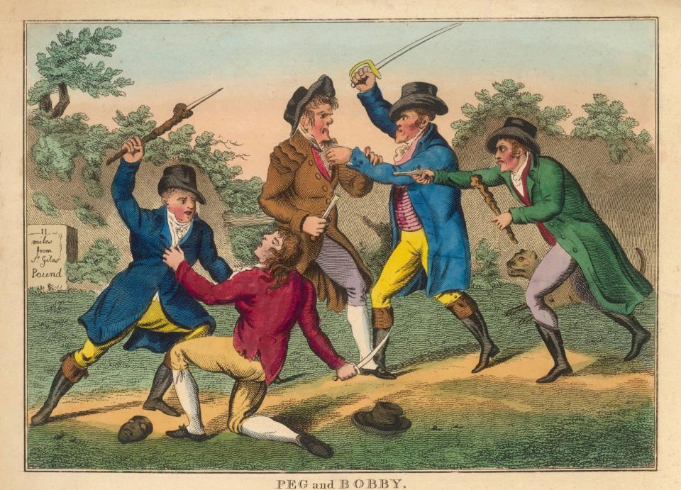 An 1806 depiction of muggers being arrested - Chronicle / Alamy Stock Photo