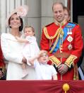 <p>Princess Charlotte made her first appearance on the Buckingham Palace balcony at the Trooping the Color celebrations <a href="https://www.townandcountrymag.com/society/tradition/a9213412/prince-william-nickname-for-the-queen/" rel="nofollow noopener" target="_blank" data-ylk="slk:for her "Gan-Gan";elm:context_link;itc:0;sec:content-canvas" class="link ">for her "Gan-Gan"</a> Queen Elizabeth's 91st birthday.</p>