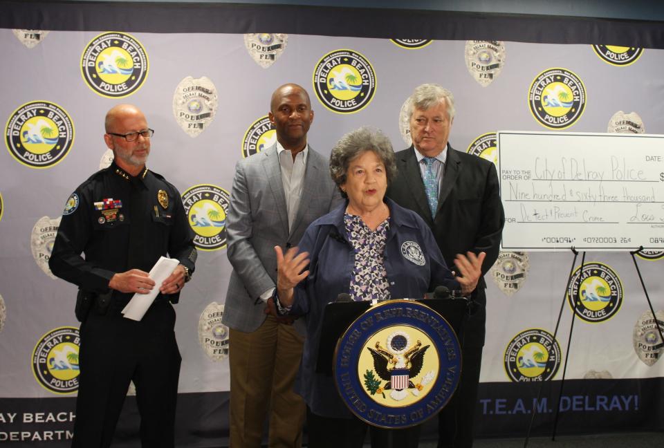 U.S. Rep. Lois Frankel announces nearly $1 million in federal funding for a new crime prevention technology initiative in Delray Beach on April 8, 2024.