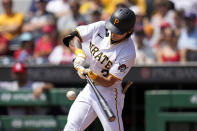 Pittsburgh Pirates' Ji Hwan Bae singles off St. Louis Cardinals starting pitcher Miles Mikolas, driving in two runs, during the first inning of a baseball game in Pittsburgh, Sunday, June 4, 2023. (AP Photo/Gene J. Puskar)