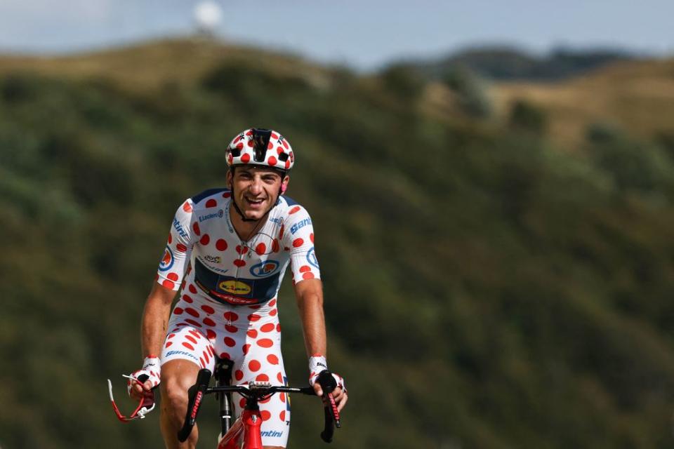 A happy Giulio Ciccone (Lidl Trek) smiles after sealing the KOM classification during stage 20