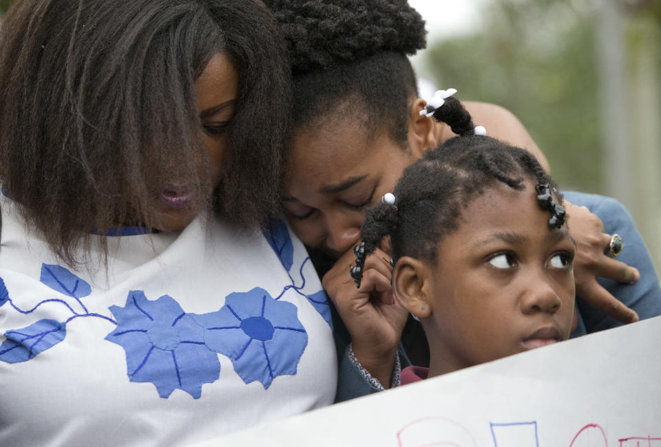 <p>Haitian-Americans react during a news conference before a march commemorating the eighth anniversary of the Haitian earthquake, Friday, Jan. 12, 2018, in Miami, Fla. (Photo: Wilfredo Lee/AP) </p>