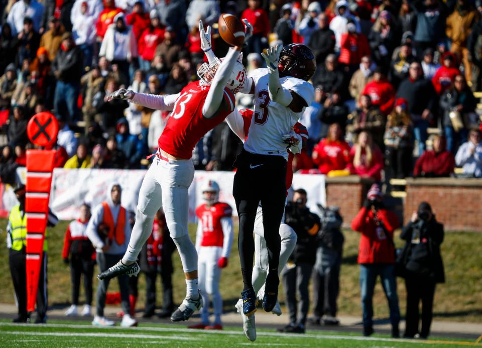Reeds Spring's James Dowdy breaks up a pass to Cardinal Ritter's Fredrick Moore during a state championship game at Faurot Field in Columbia, Mo. on Saturday, Dec. 3, 2022.