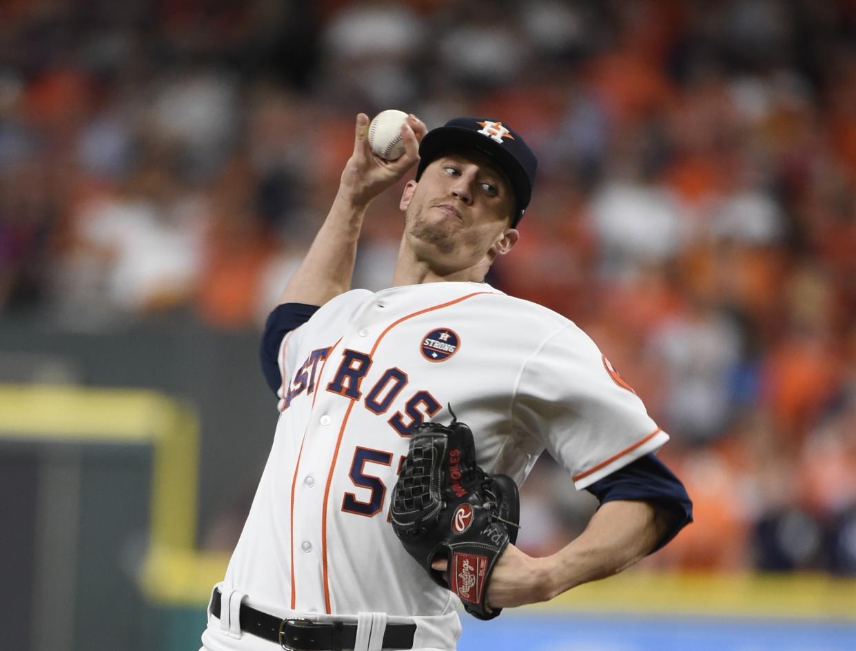 Houston Astros relief pitcher Ken Giles throws during the ninth inning of Game 6 of baseball’s American League Championship Series against the New York Yankees Friday, Oct. 20, 2017, in Houston. (AP)