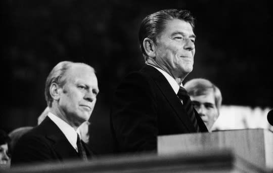 President Gerald Ford listens as Ronald Reagan addresses the Republican National Convention in 1976. (Photo: Pictorial Parade/Getty Images)