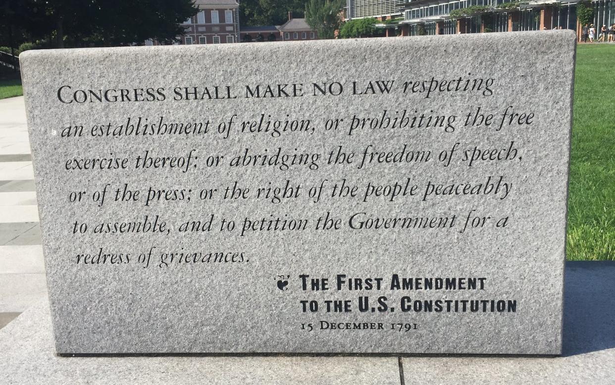 A protection that is, at least in this Philadelphia park, carved in stone. <a href="https://commons.wikimedia.org/wiki/File:First_Amendment_to_the_U.S._Constitution.jpg" rel="nofollow noopener" target="_blank" data-ylk="slk:Zakarie Faibis via Wikimedia Commons;elm:context_link;itc:0;sec:content-canvas" class="link ">Zakarie Faibis via Wikimedia Commons</a>, <a href="http://creativecommons.org/licenses/by-sa/4.0/" rel="nofollow noopener" target="_blank" data-ylk="slk:CC BY-SA;elm:context_link;itc:0;sec:content-canvas" class="link ">CC BY-SA</a>
