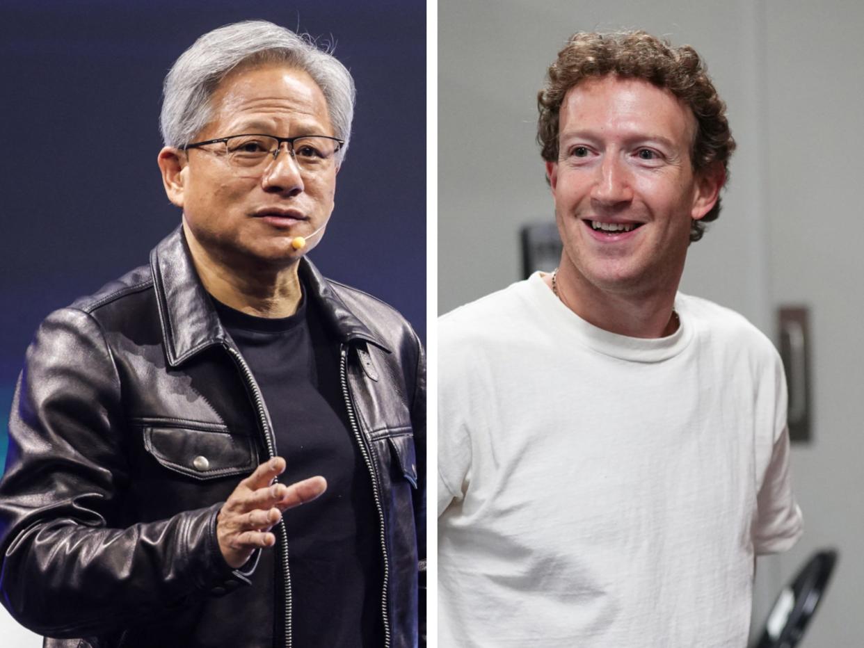 Collage of Jensen Huang on the left wearing a black leather jacket and Mark Zuckerberg on the right wearing a white t-shirt