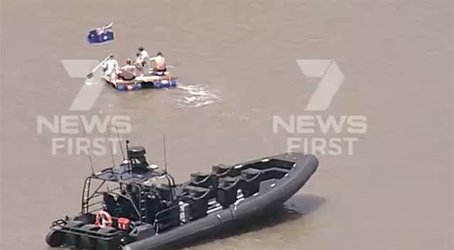 The raft was escorted by police at times. Source: 7 News