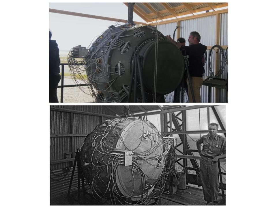 A comparison between the prop bomb used in filming Oppenheimer vs. the historic photo of the bomb used in the Trinity test. They're nearly identical