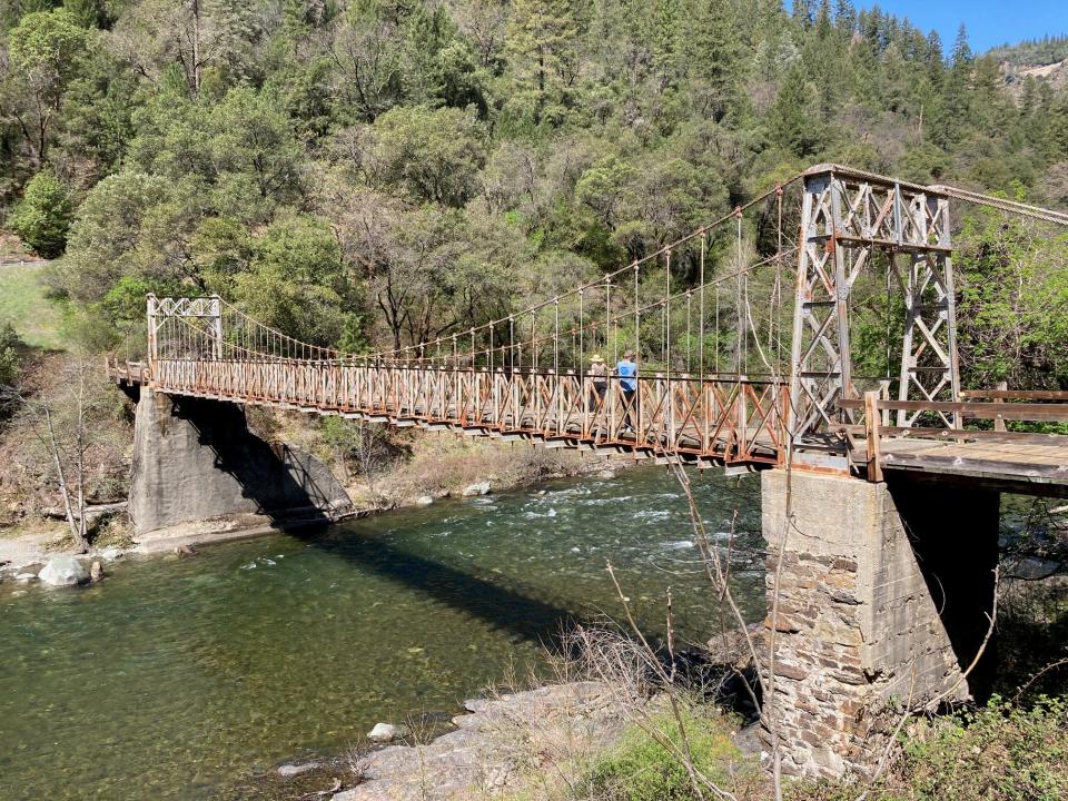 Iowa Hill suspension bridge crosses the North Fork American River in route to gold rush town of Iowa Hill.