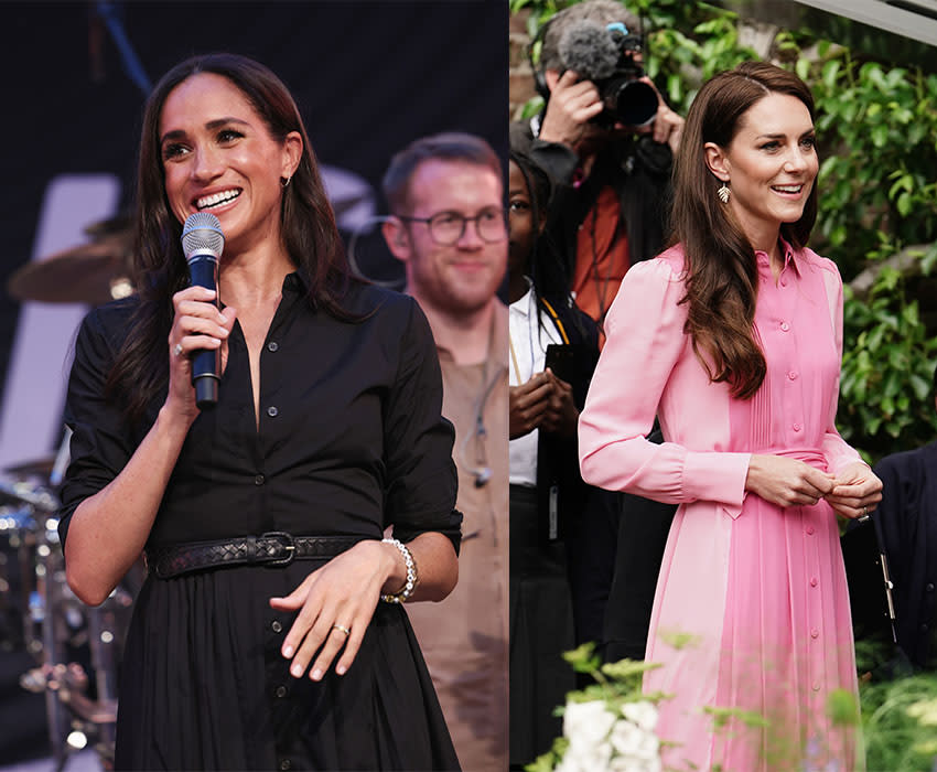 meghan markle, kate middleton, Meghan Markle, left, attends the 2023 Invictus Games Düsseldorfspeak, and Kate Middleton visits the 2023 Chelsea Flower Show., banana republic shirtdress, me + em dress,