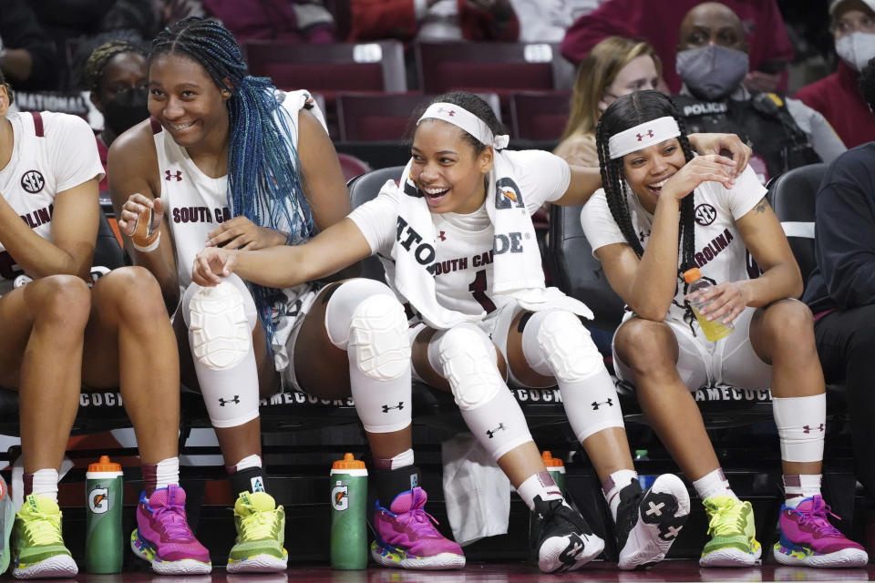 South Carolina's Aliyah Boston, Zia Cooke and Destanni Henderson have led the Gamecocks to an 11-1 record in the SEC, but they have yet to clinch a conference title. All the Power Five conferences have championships still up for grabs. (AP Photo/Sean Rayford)