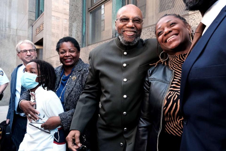 PHOTO: Muhammad Aziz stands outside of a New York City courthouse with members of his family and lawyers after his conviction in the killing of Malcolm X was thrown out on Nov. 18, 2021 in New York City.  (Spencer Platt/Getty Images, FILE)