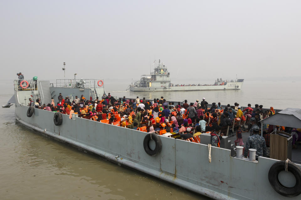 Rohingya refugees headed to the Bhasan Char island leave on navy vessels from the south eastern port city of Chattogram, Bangladesh, Monday, Feb.15,2021. Authorities sent a fourth group of Rohingya refugees to the newly developed island in the Bay of Bengal on Monday amid calls by human rights groups for a halt to the process. (AP Photo)