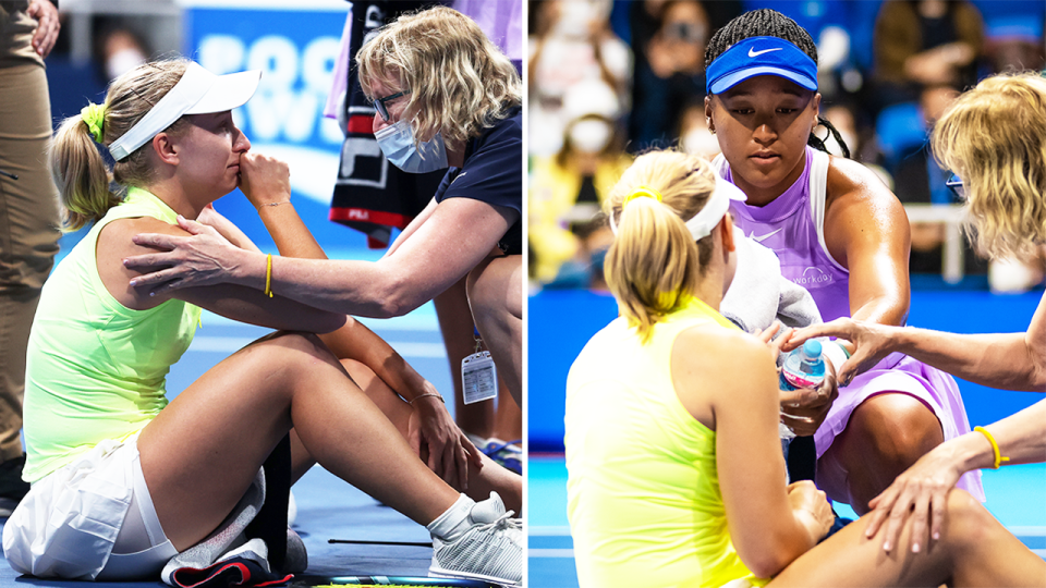 Daria Saville (pictured left) in tears after an injury and (pictured right) Naomi Osaka helping Saville injured on the ground.