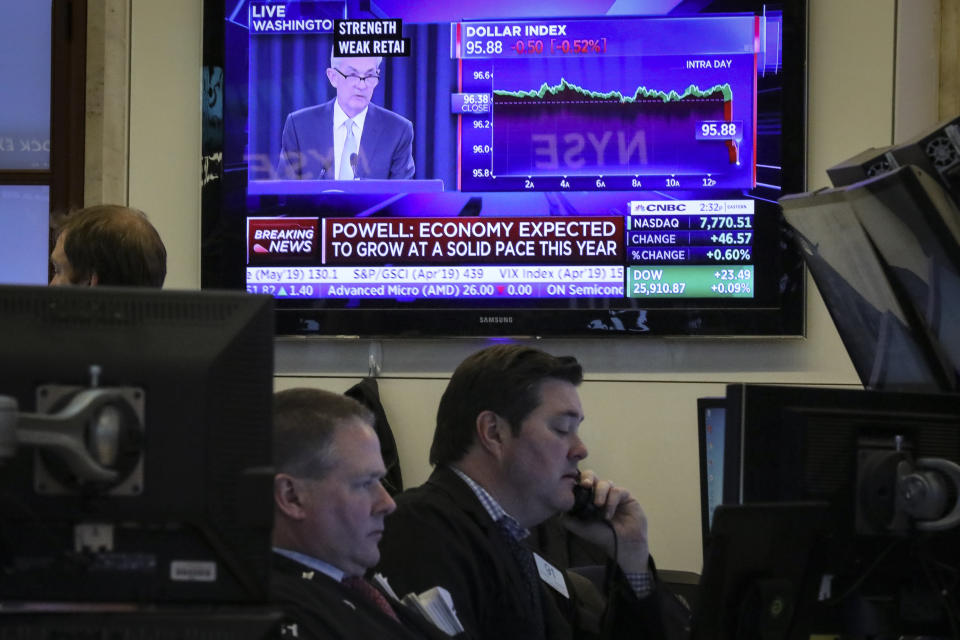 NEW YORK, NY - MARCH 20: A monitor displays Federal Reserve chairman Jerome Powell on the floor of the New York Stock Exchange (NYSE), March 20, 2019 in New York City. The Federal Reserve announced on Wednesday that interest rates will remain unchanged. (Photo by Drew Angerer/Getty Images)