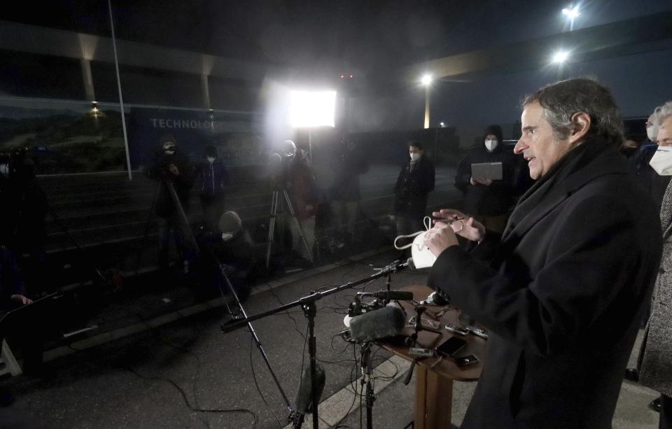 Director General of International Atomic Energy Agency, IAEA, Rafael Mariano Grossi from Argentina, speaks to the media after returning from Iran at the Vienna International Airport, Sunday, Feb. 21, 2021. (AP Photo/Ronald Zak)