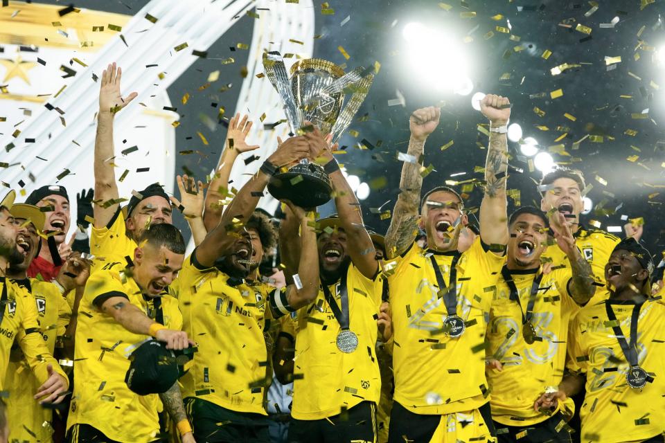Dec 9, 2023; Columbus, OH, USA; The Columbus Crew celebrate with the Philip J. Anschutz Trophy after defeating the Los Angeles FC in the 2023 MLS Cup championship game at Lower.com Field. Mandatory Credit: Adam Cairns-The Columbus Dispatch