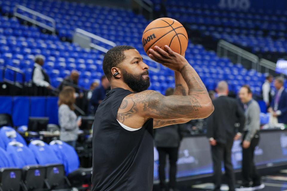 Cavaliers forward Marcus Morris Sr. warms up before Game 3 of a first-round NBA playoff series, April 25, 2024, in Orlando.