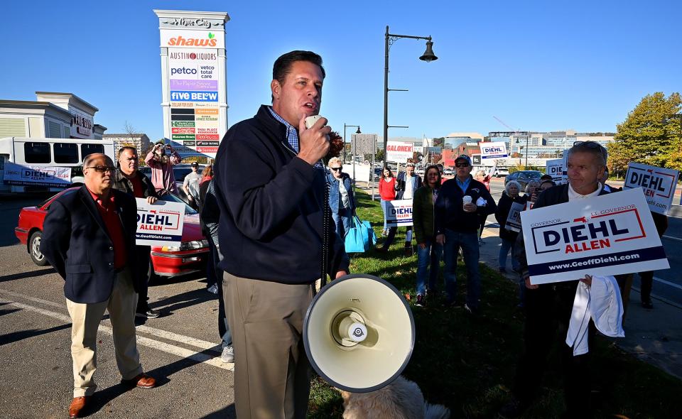 Massachusetts Republican gubernatorial nominee Geoff Diehl speaks to supporters during a campaign stop Saturday at White City Plaza in Shrewsbury.