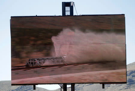 A video replay shows a test sled being slowed by sand during a propulsion open-air test at Hyperloop One in North Las Vegas, Nevada, U.S. May 11, 2016. REUTERS/Steve Marcus