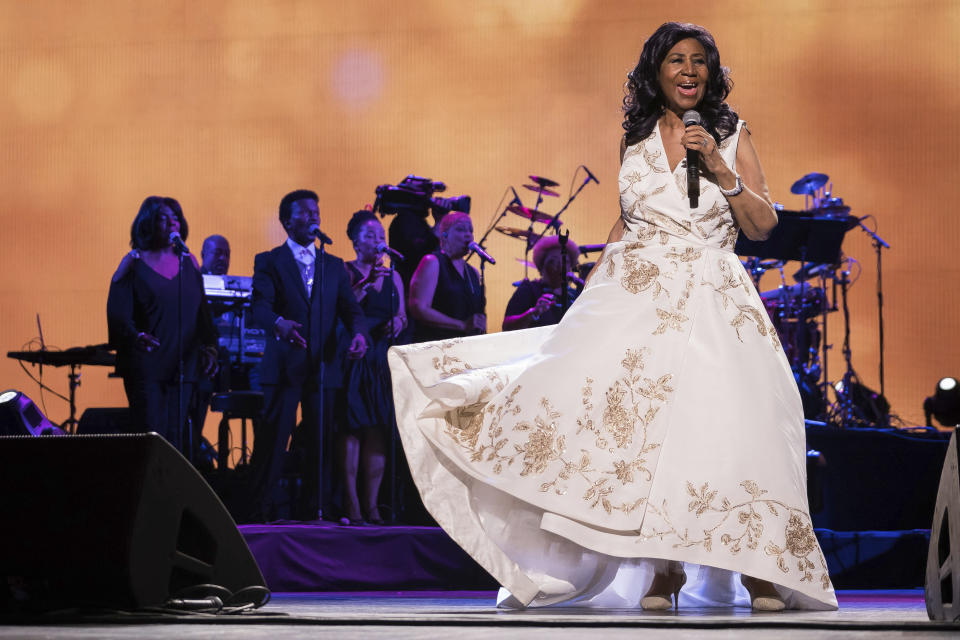 <p>Aretha Franklin performs at the world premiere of “Clive Davis: The Soundtrack of Our Lives” at Radio City Music Hall, during the 2017 Tribeca Film Festival. (PA) </p>