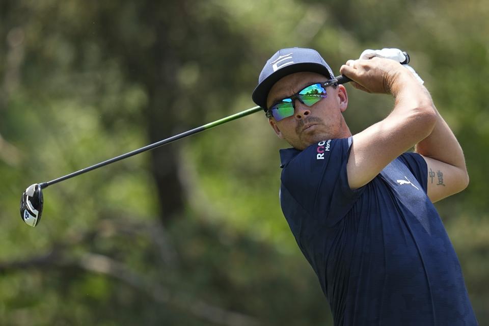 Rickie Fowler tees off on the second hole during the third round of the Memorial golf tournament, Saturday, June 3, 2023, in Dublin, Ohio. (AP Photo/Darron Cummings)