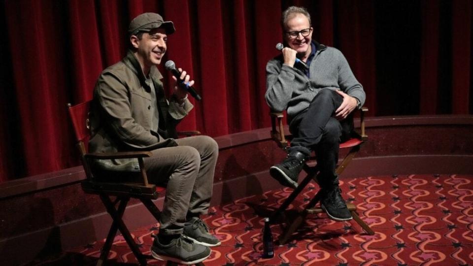 Jeremy Strong and Tom McCarthy share a moment during the Q&A for the “Armageddon Time” New York Special Screening at The Roxy Hotel Cinema (Kevin Mazur/Getty Images for Focus Features)