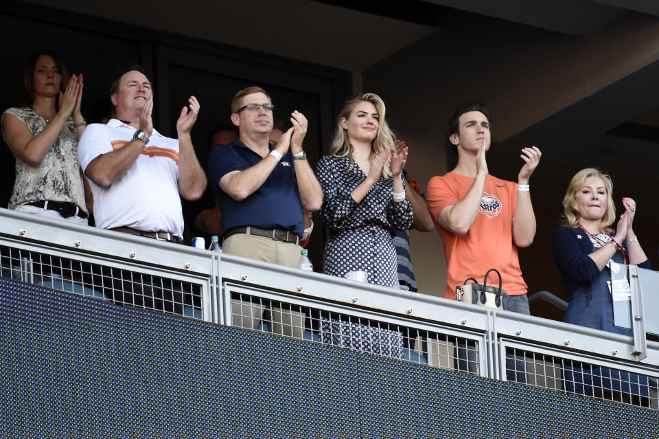 <p>Actress, model Kate Upton cheers during the pre-game ceremony prior to Game 2 of the 2017 World Series between the Houston Astros and the Los Angeles Dodgers at Dodger Stadium on Wednesday, October 25, 2017 in Los Angeles, California. (Photo by LG Patterson/MLB Photos via Getty Images) </p>