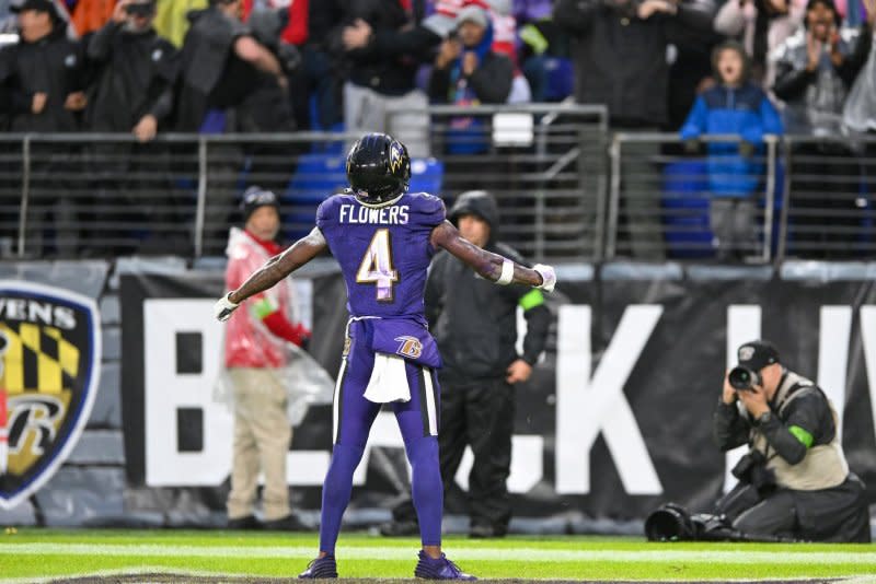 Baltimore Ravens wide receiver Zay Flowers celebrates a 21-yard touchdown against the Los Angeles Rams on Sunday at M&T Bank Stadium in Baltimore. Photo by David Tulis/UPI