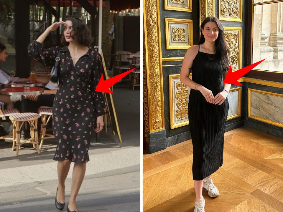 Mélodie Bance wearing a dark midi dress (left); Insider's reporter recreating a similar look (right).
